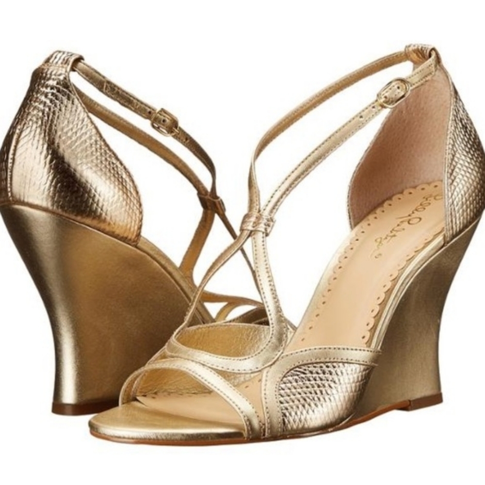 Lilly Pulitzer Janie Wedge Gold Metallic Sandals Size 8